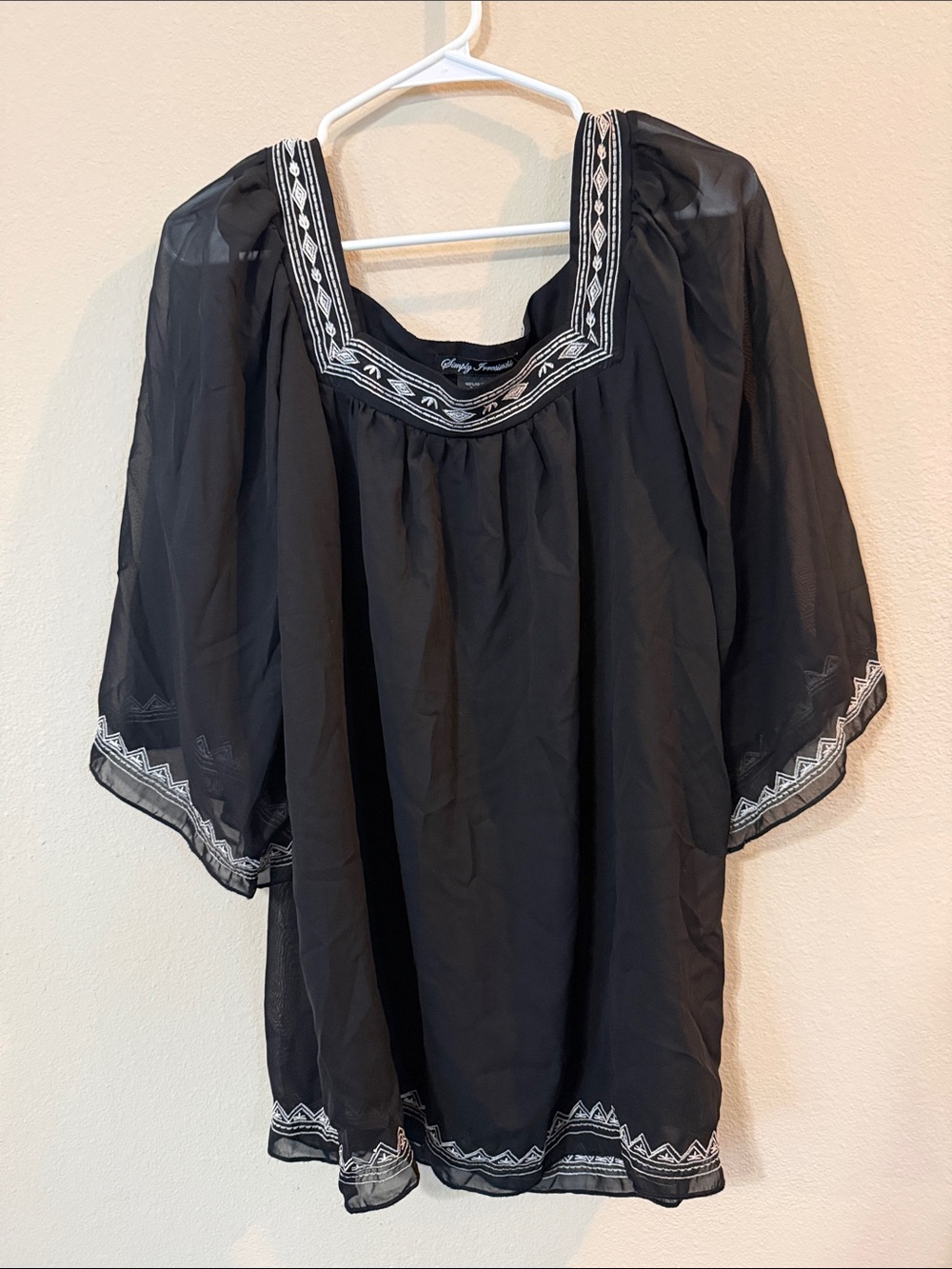 Simply Irresistible Black Peasant Blouse with White Embroidered Trim
